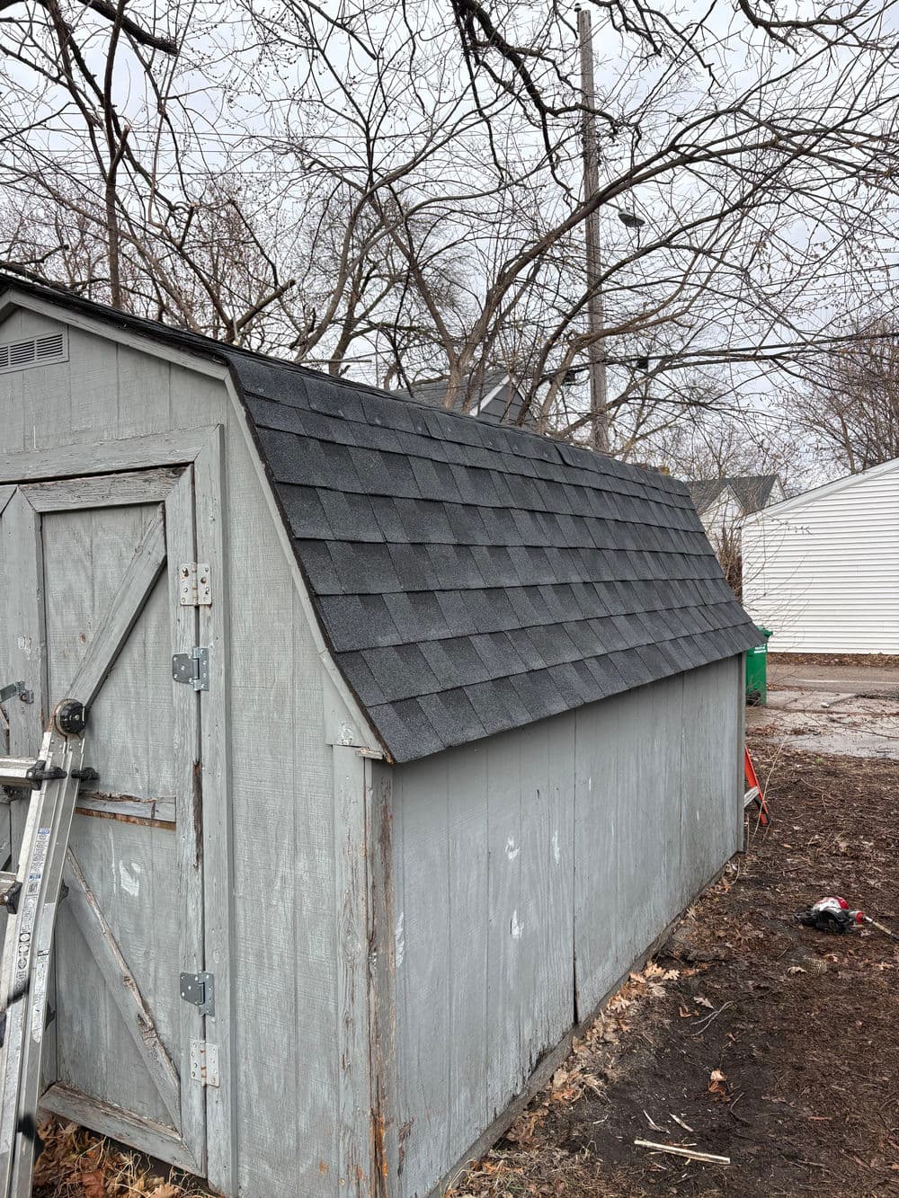 Gray garden shed with a sloped roof and ladder nearby, surrounded by bare trees.